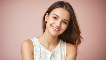 happy pretty young woman age 25 posing, perfect lighting, bright background