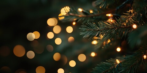 Wall Mural - a close-up of the lights on an evergreen tree christmas branches bokeh.