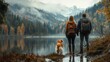 © Roman - A Couple and Their Dog Enjoy a Tranquil Lakeside View in a Mountainous Region, Surrounded by Fog and Colorful Autumn Foliage During a Serene Afternoon