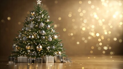 Elegant Christmas Tree with Silver Ornaments and White Lights against a Shimmering Background