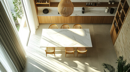 Poster - A spacious modern dining area features a large marble table and rattan chairs illuminated by soft natural light from large windows