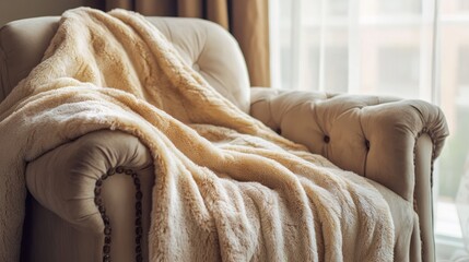 Cozy Elegance in Living Room, a decorative throw blanket drapes over a chic armchair, enhancing comfort and infusing vibrant color into the inviting space.