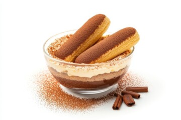 Wall Mural - Tiramisu idea Two ladyfingers in a glass bowl with mascarpone cream prepared for tiramisu on a white background with room for text