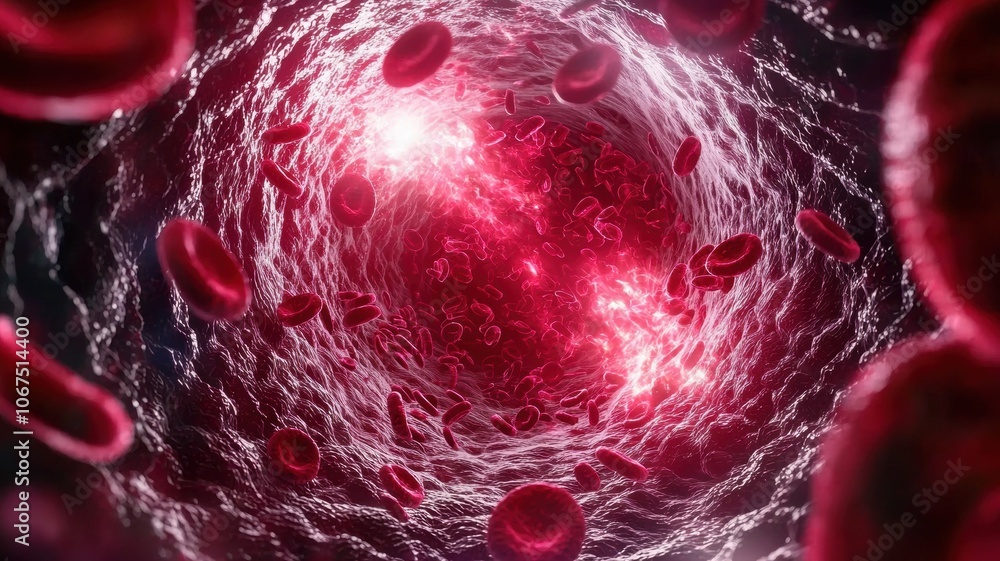 Red blood cells flowing through a blood vessel, abstract view of human ...