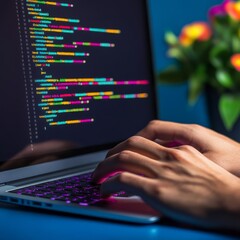 Programmer typing with focus, colorful background