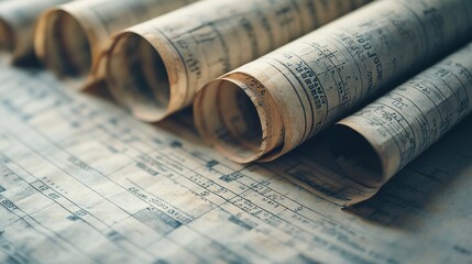 Rolled architectural blueprints on vintage background