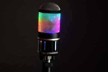 Canvas Print - Vintage mic with vibrant spotlight on dark backdrop Music theme