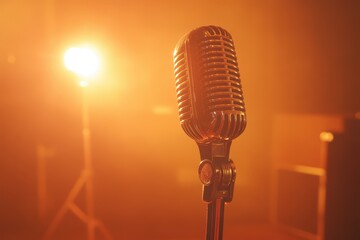 Wall Mural - Vintage microphone on orange backdrop Concert mic for recordings or speeches in an empty retro club