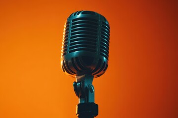 Wall Mural - Vintage microphone on orange backdrop Used for recording or speaking in an empty retro club