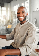 Aufkleber - Portrait, business and black man with smile in office information technology, about us and corporate career. Happy, male person and programming ambition, support and experience for opportunity