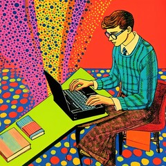 Canvas Print - Comic of teen man typing on his laptop glasses computer painting.