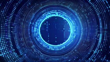Digital Vortex: Abstract digital tunnel with glowing blue neon circle. Futuristic technology background, data stream, binary code, artificial intelligence, cyber space, virtual reality. 
