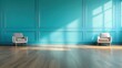 ©  Jovaduplex - A spacious teal-toned room bathed in sunlight, featuring two upholstered chairs placed thoughtfully, creating an inviting setting perfect for leisure and reflection.
