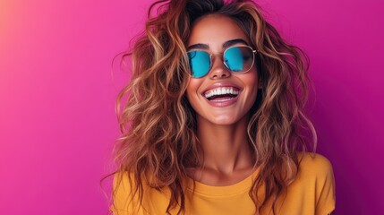 A stylish woman with messy hair beams in funky sunglasses and a yellow top, standing against a vivid pink background, exuding confidence and modern fashion.