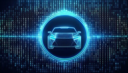 Digital Car Innovation: Futuristic concept of a car within a digital matrix, symbolizing technological advancements in automotive design and the digital age.