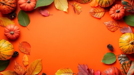 Wall Mural - Vibrant Autumn Composition with Pumpkins and Leaves on Orange Background