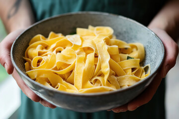 Person holding a bowl of pasta, steam rising, twirling fork, with Italian restaurant background.