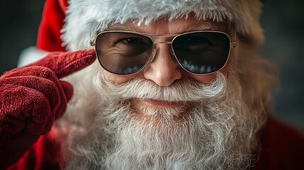 Santa Claus in a joyful pose with sunglasses in a red suit with a modern twist plain isolated background highlights his character