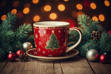 a christmas cozy mug with a hot drink on a festive background with garland lights, christmas decor a