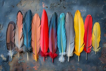 Canvas Print - Vibrant Collection of Colorful Feathers Displayed on a Rustic Background