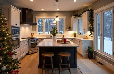 White interior of a cozy modern Christmas kitchen, new Year's mood, preparing for the holiday, utensils. Christmas decor of a contemporary kitchen with a cooked dinner.