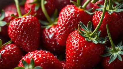 Wall Mural - Close-up shot of fresh ripe strawberries covered in water droplets, glistening under a fine mist spray, wet, organic, spray