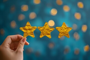 Wall Mural - Hand Holding Three Shiny Gold Stars Against a Blurred Blue Background