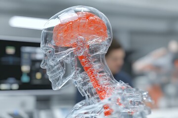 Detailed 3D render of a transparent human skull highlighting the brain and spinal cord in a modern lab environment