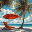 © azi - A red beach umbrella provides shade for a wooden lounge chair on a white sandy beach with blue ocean and palm trees in the background.