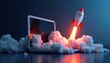© Oldcorporal - Rocket launching from laptop screen surrounded by clouds