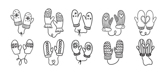 Wall Mural - Hand drawn winter mittens. Doodle cute mittens elements black on white.