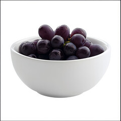 A bowl of purple grapes, isolated on a white background, showcasing a juicy fruit