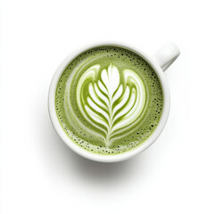 A cup of frothy matcha latte with foam art, isolated on a white background, showcasing a trendy green tea drink