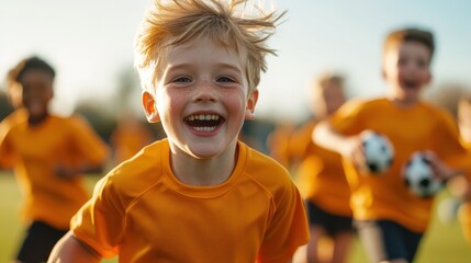 A cheerful child runs towards the camera, smiling with excitement as friends chase behind, all wearing matching orange shirts under a bright sunlit sky.