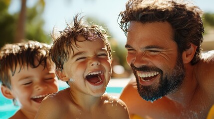 Wall Mural - A cheerful father and kids share an affectionate moment while enjoying the splash and laugh in a sunlit pool, highlighting love and familial bonds on a sunny day.