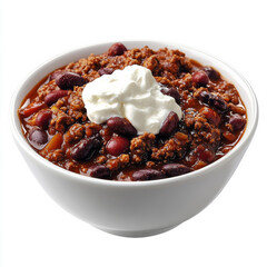 Wall Mural - A bowl of spicy chili with beans and a dollop of sour cream, isolated on a white background, showcasing a hearty meal