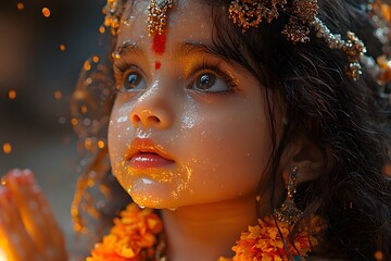 Innocent wonder: young girl in traditional indian attire with glowing expression