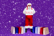 © deagreez - Full length body size view of his he nice confident cheerful positive bearded thick fat Santa demonstrating sale placard season clothing isolated on bright vivid shine vibrant violet lilac background