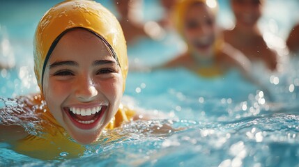 Wall Mural - A cheerful child in a yellow cap enjoying time in a busy pool, expressing pure joy amidst splashing water and playful energy, surrounded by friends.