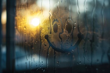 Wall Mural - Happy face doodle silhouette window glass condensation.