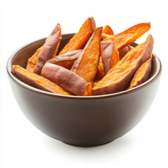 a bowl of sweet potato fries with a dipping sauce, isolated on a white background, showcasing a tast