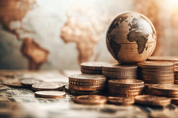 A globe resting on stacks of coins with a world map in the background displaying global finance