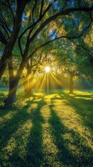 Canvas Print - Sunlight streaming through trees in a lush green park during late afternoon