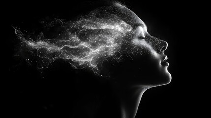 Bright dots create a glowing brain silhouette from a thoughtful profile on a dark background