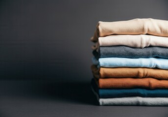 Neat stack of colorful folded t-shirts on dark background