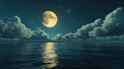 Wall Mural - romantic moon with clouds and starry sky over sparkling blue water