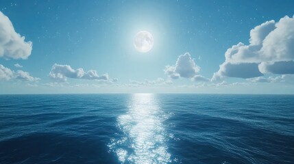 Wall Mural - romantic moon with clouds and starry sky over sparkling blue water