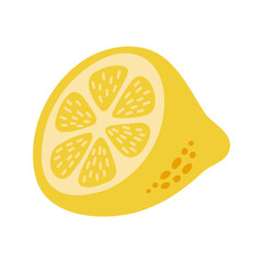 Single juicy halved cut lemon. Hand drawn cartoon summer fruit illustration