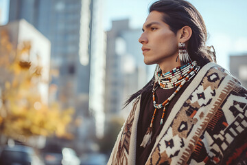 Wall Mural - Native American man wearing traditional attire in an urban setting on a sunny day