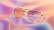 © Fana Art - A pair of stylish aviator sunglasses with a gradient lens lies on a soft, pink iridescent fabric.